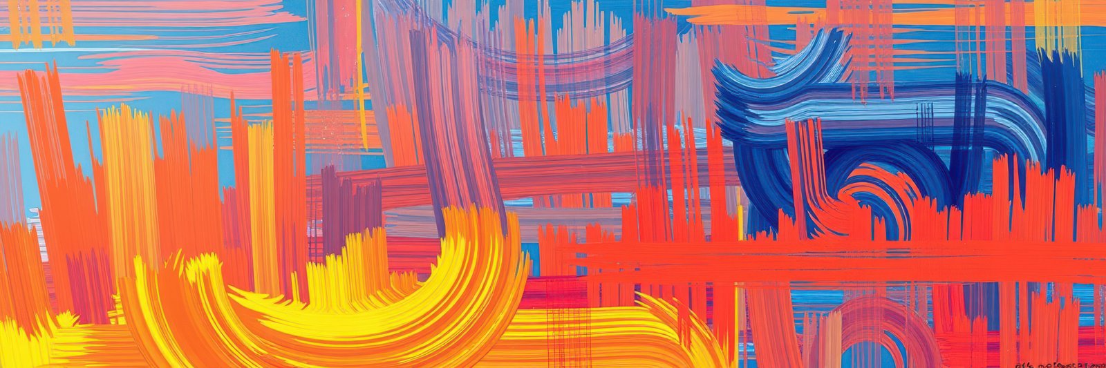 An abstract digital painting with bold strokes of color, primarily orange, yellow, blue, and pink
